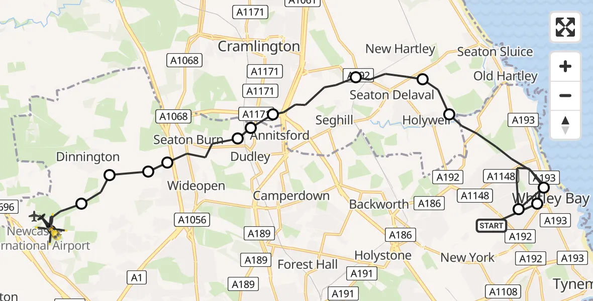 Flight route Police Helicopter New York - Newcastle International Airport, 25 May 2026, 16:30