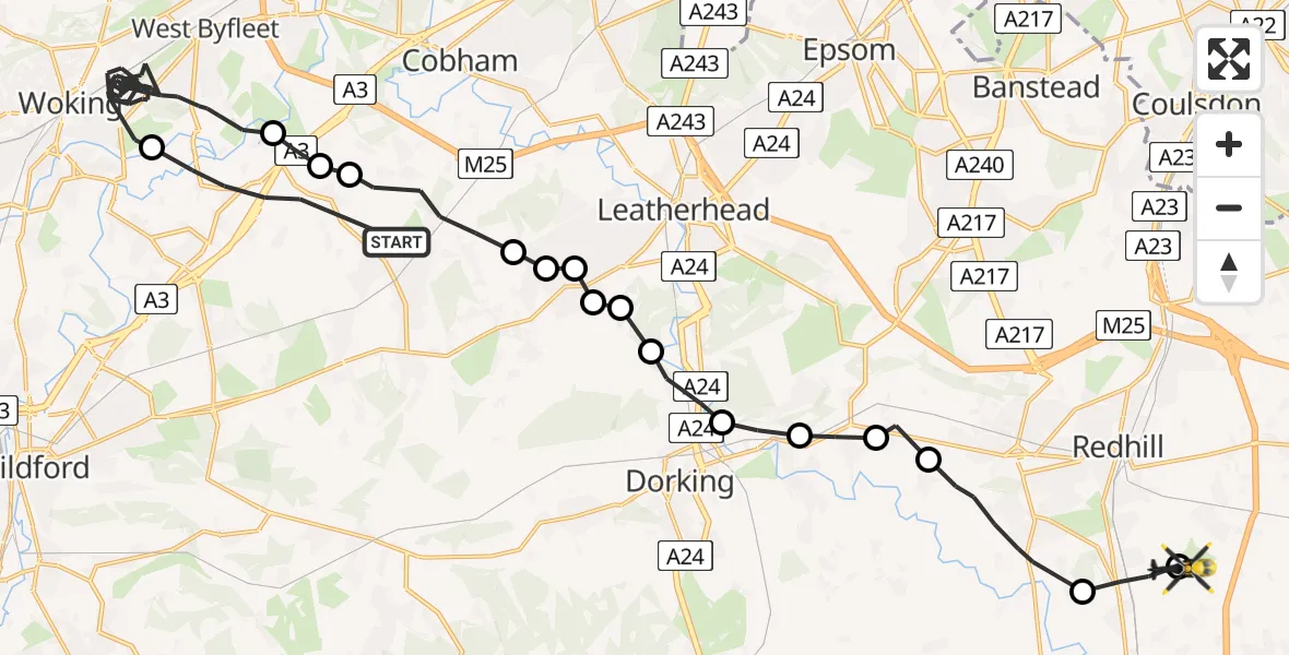 Flight route Police Helicopter Guildford - Redhill Aerodrome, 25 May 2026, 16:30