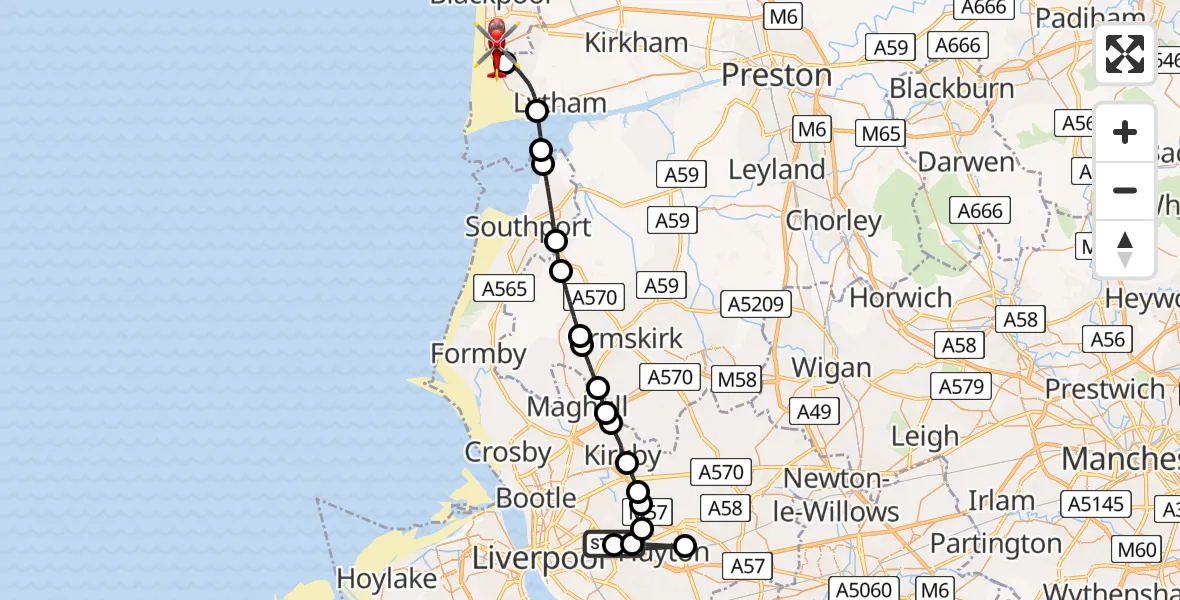 Flight route Air Ambulance Helicopter Knotty Ash - Blackpool Airport, 25 May 2026, 16:31