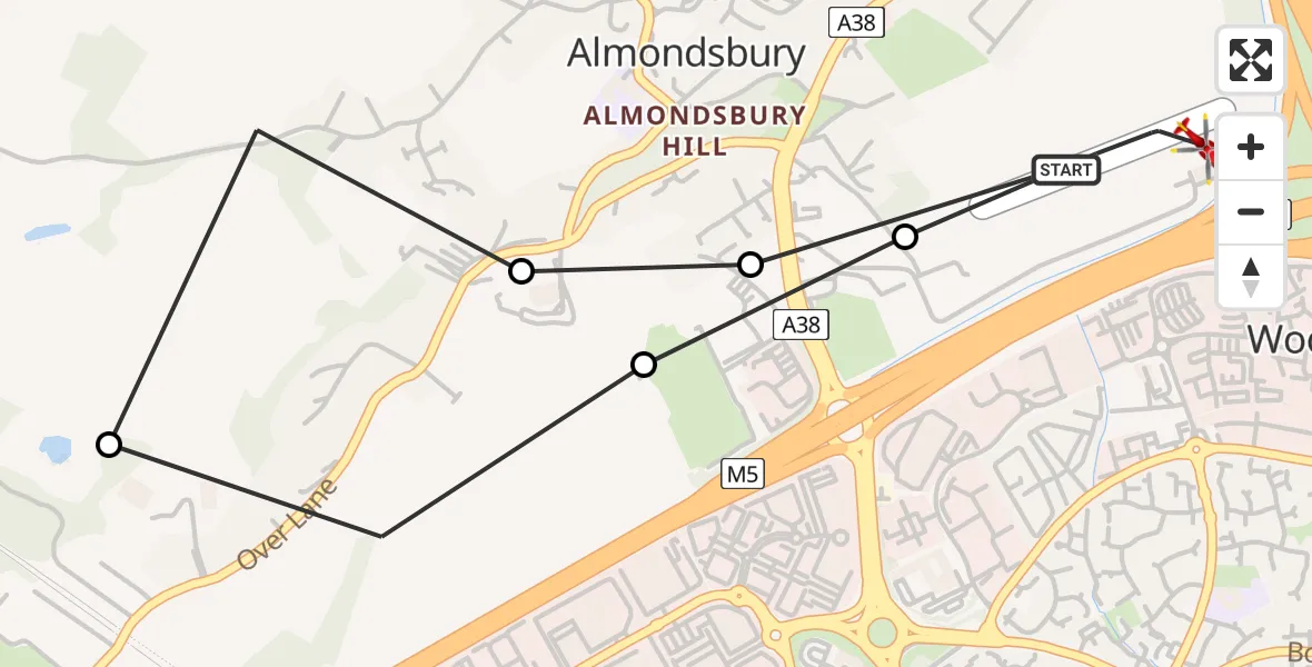 Flight route Air Ambulance Helicopter Almondsbury Helicopter Base - Almondsbury Helicopter Base, 25 May 2026, 16:31