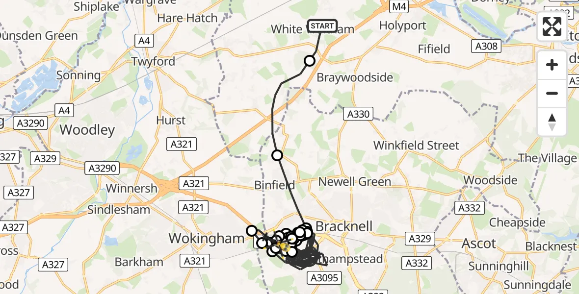 Flight route Police Helicopter White Waltham - Bracknell, 25 May 2026, 16:32