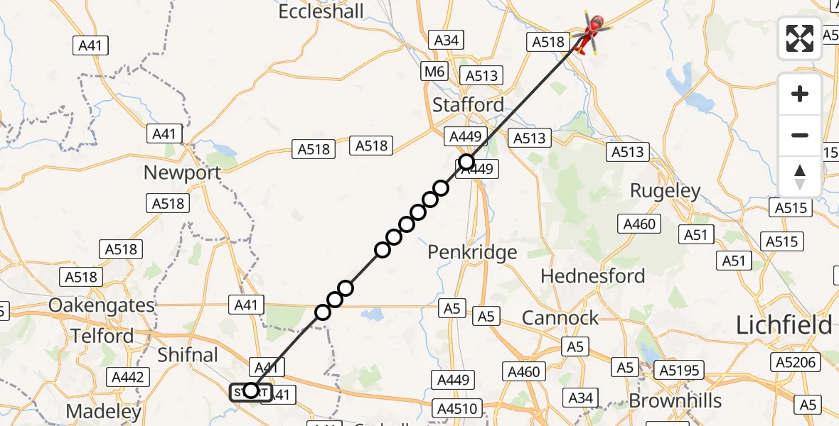 Flight route Air Ambulance Helicopter RAF Cosford - Stafford, 25 May 2026, 16:40