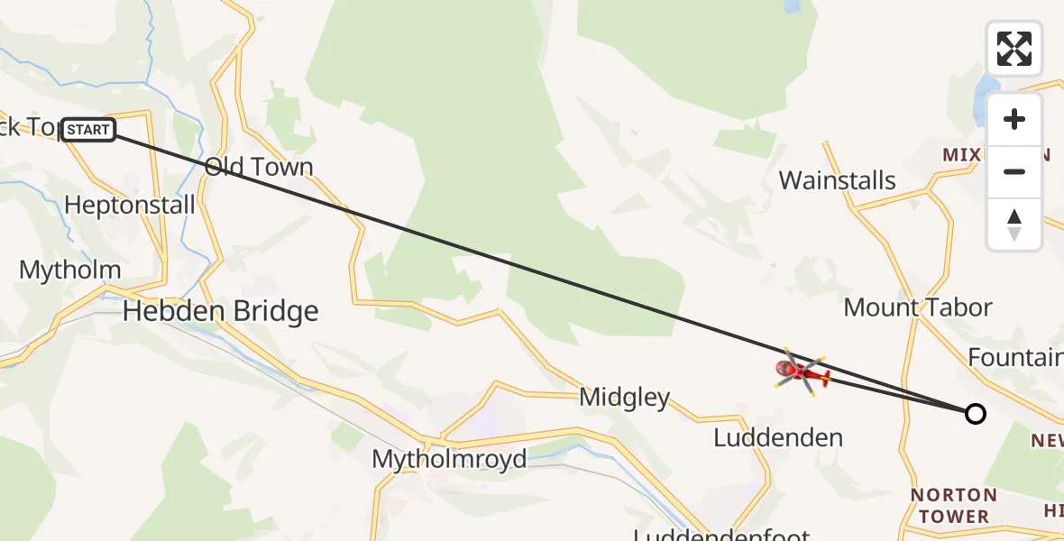 Flight route Air Ambulance Helicopter Heptonstall - Luddenden, 25 May 2026, 16:42