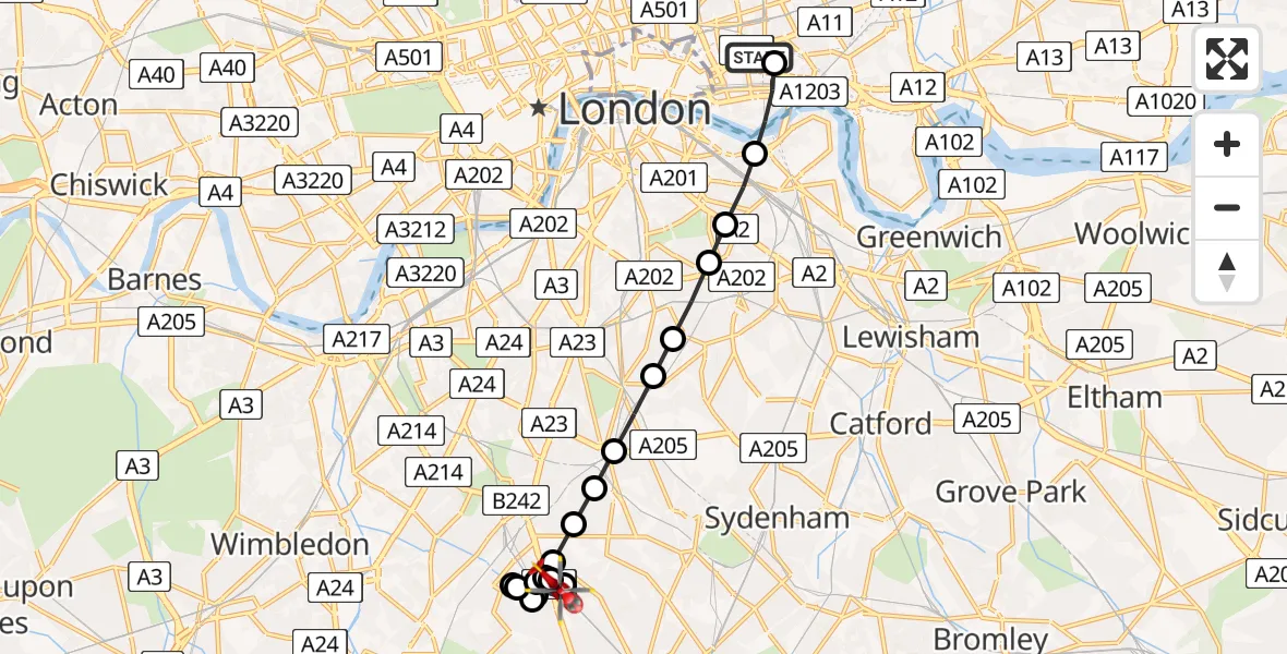 Flight route Air Ambulance Helicopter Royal London Hospital - Norbury, 25 May 2026, 16:44