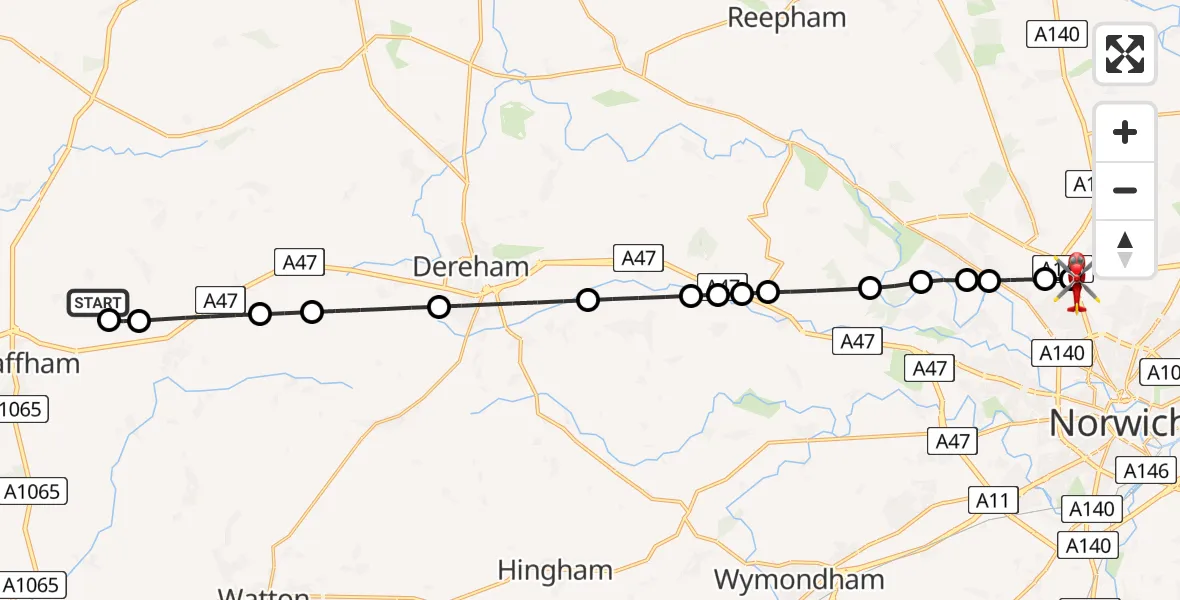 Flight route Air Ambulance Helicopter Sporle - Norwich Airport, 25 May 2026, 16:46
