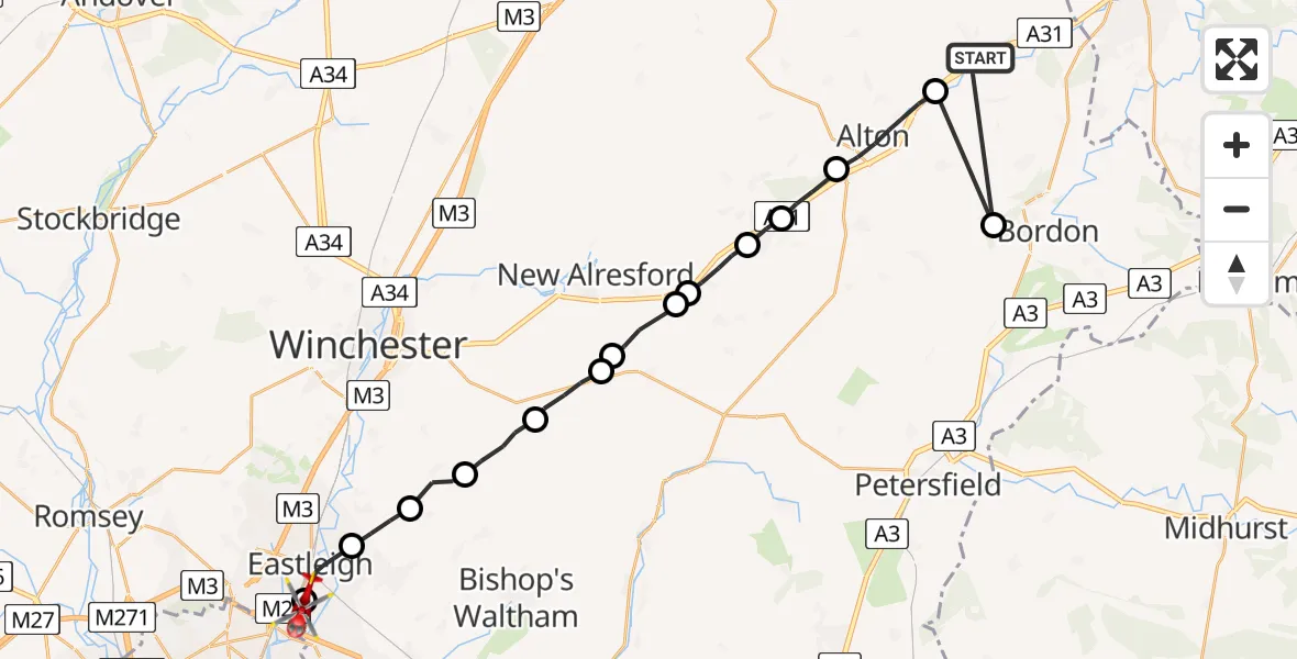 Flight route Air Ambulance Helicopter Upper Froyle - Southampton Airport, 25 May 2026, 16:55