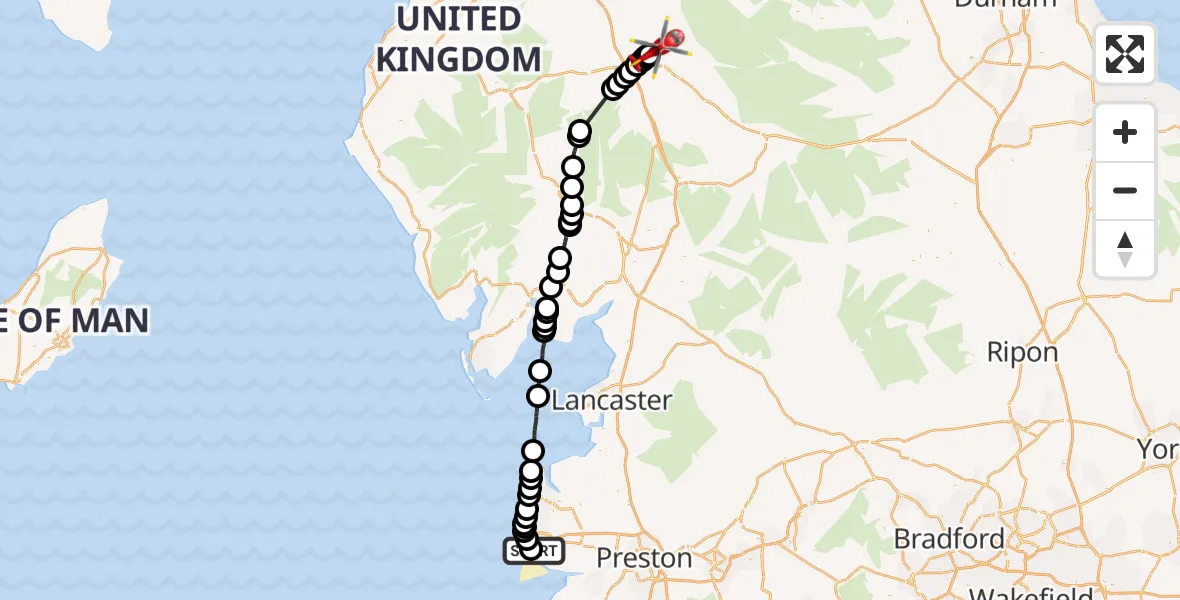 Flight route Air Ambulance Helicopter Blackpool Airport - Edenhall, 25 May 2026, 17:03