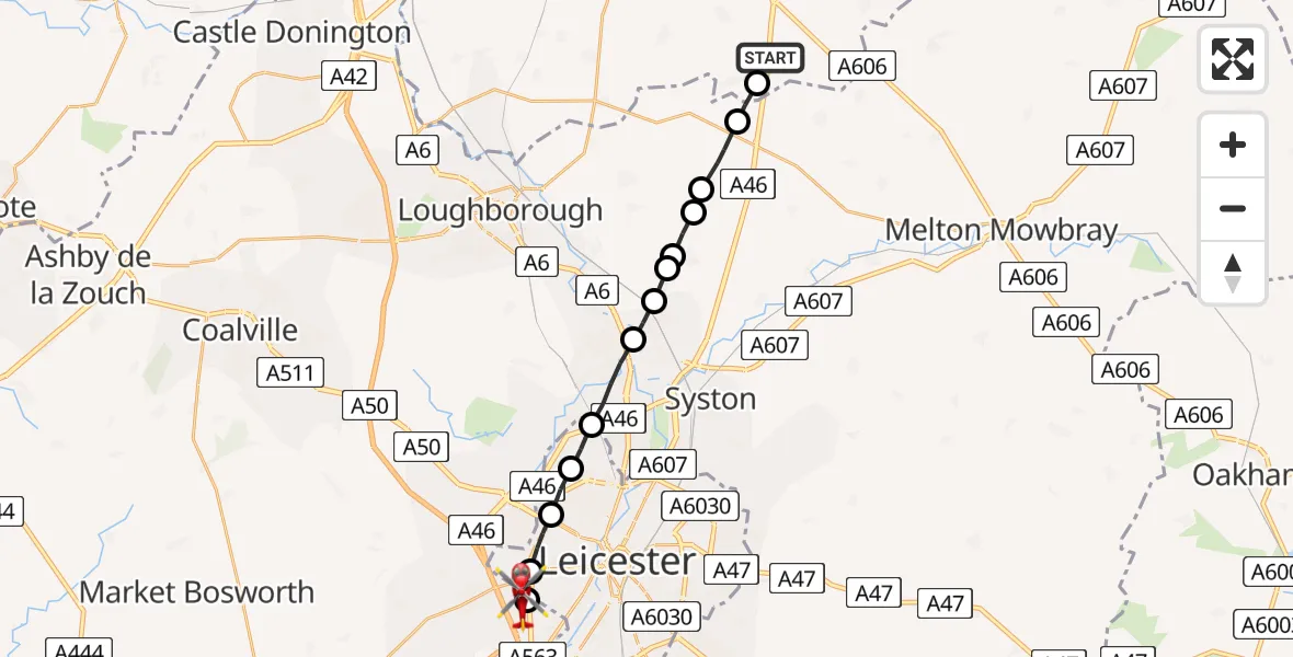 Flight route Air Ambulance Helicopter Rushcliffe - Braunstone Town, 25 May 2026, 17:12