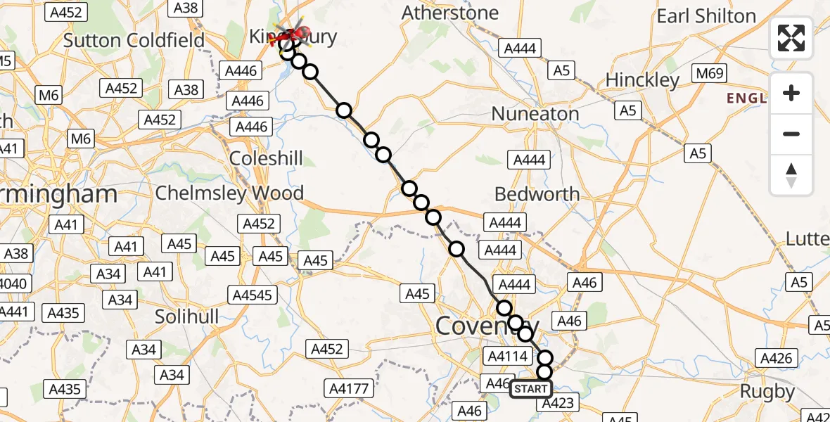 Flight route Air Ambulance Helicopter Coventry Airport - Bodymoor Heath, 25 May 2026, 17:18