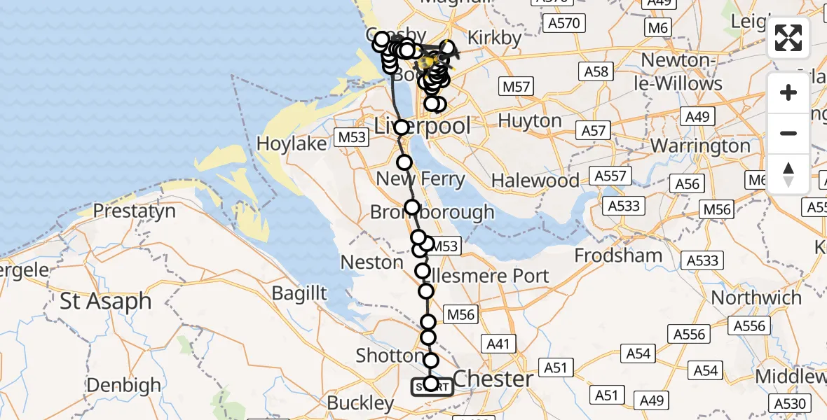 Flight route Police Helicopter Hawarden Airport - Orrell Park, 25 May 2026, 17:22