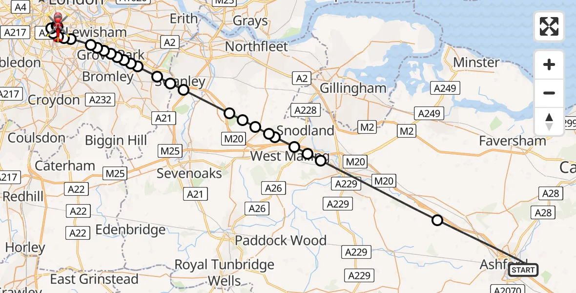 Flight route Air Ambulance Helicopter Ashford - Kings College London Hospital, 25 May 2026, 17:23