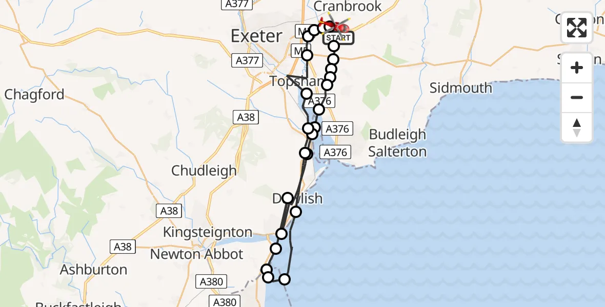 Flight route Air Ambulance Helicopter East Devon - Exeter International Airport, 25 May 2026, 17:23