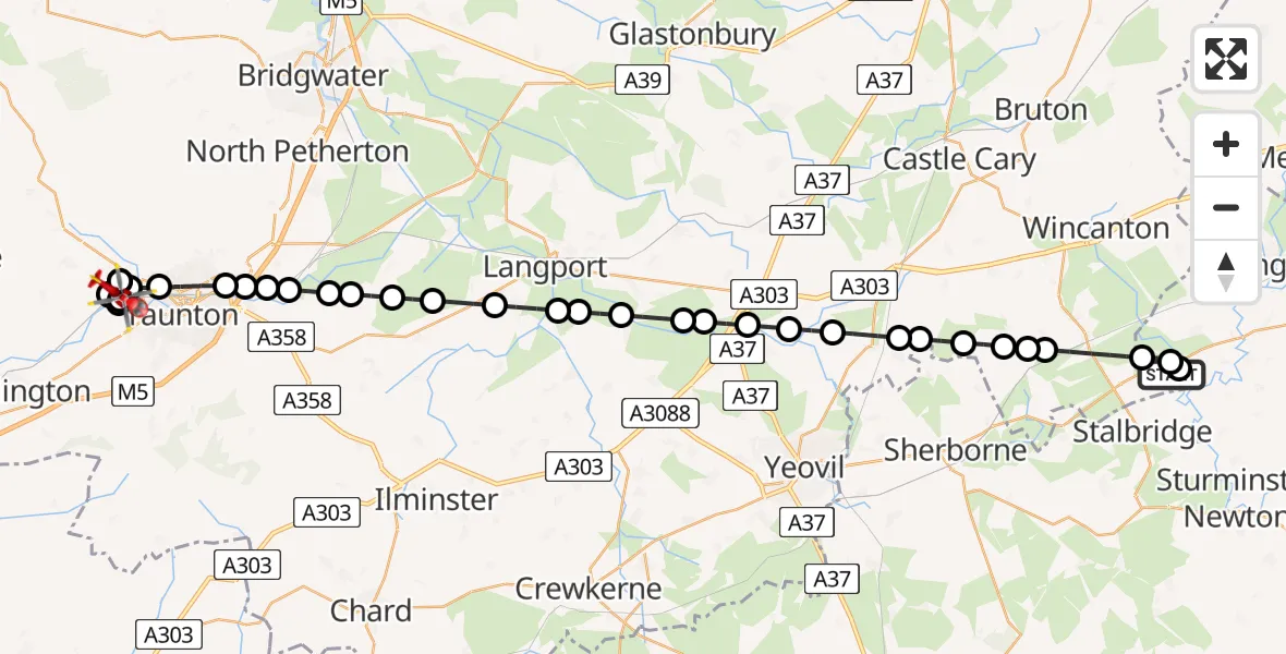 Flight route Air Ambulance Helicopter Henstridge Airfield - Bishop's Hull, 25 May 2026, 17:30