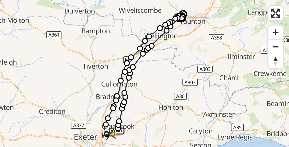Flight route Police Helicopter Exeter International Airport - East Devon, 25 May 2026, 17:31