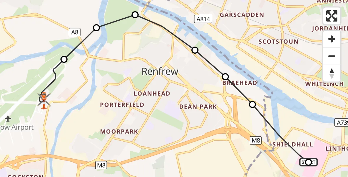 Flight route Coastguard Helicopter Queen Elizabeth Hospital - Glasgow Airport, 25 May 2026, 17:34