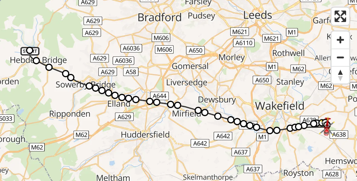 Flight route Air Ambulance Helicopter Heptonstall - YAA Nostell Helicopter Port, 25 May 2026, 17:40