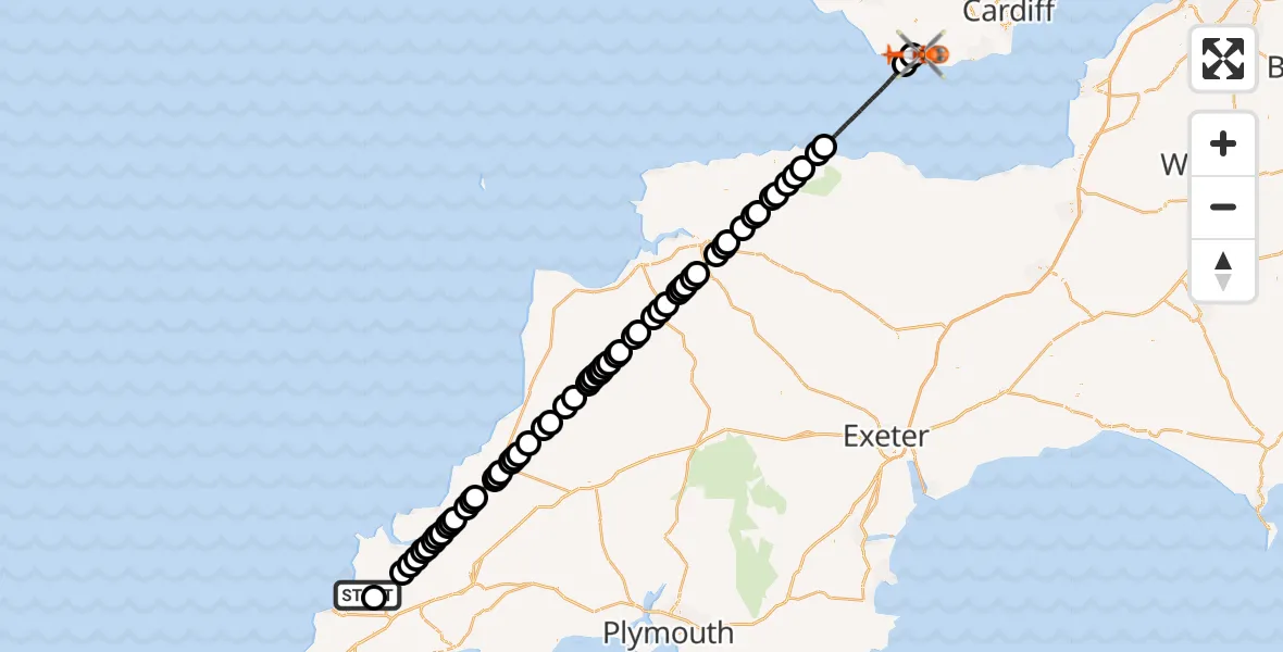 Flight route Coastguard Helicopter Cornwall Airport Newquay - MOD St Athan, 25 May 2026, 17:42