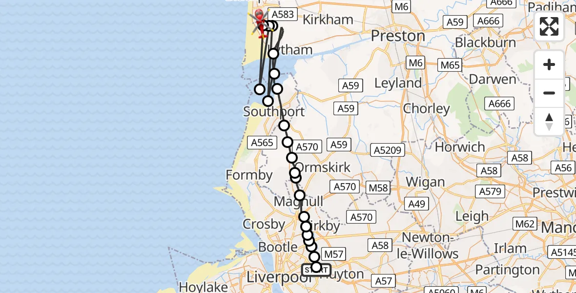 Flight route Air Ambulance Helicopter Knotty Ash - Blackpool Airport, 25 May 2026, 17:45