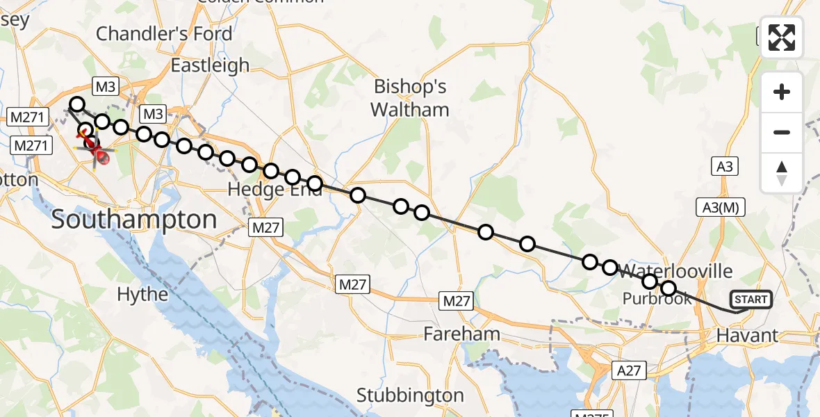 Flight route Air Ambulance Helicopter Havant - University Hospital Southampton, 25 May 2026, 17:56