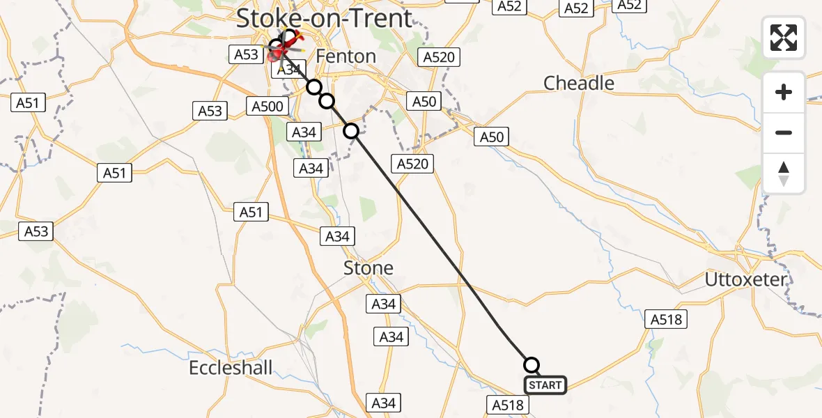 Flight route Air Ambulance Helicopter Stafford - University Hospital North Staffs, 25 May 2026, 17:59
