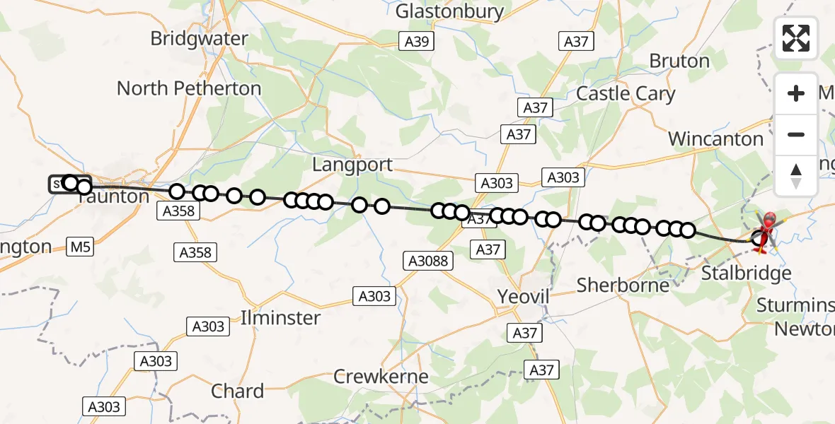 Flight route Air Ambulance Helicopter Taunton - Henstridge Airfield, 25 May 2026, 18:04