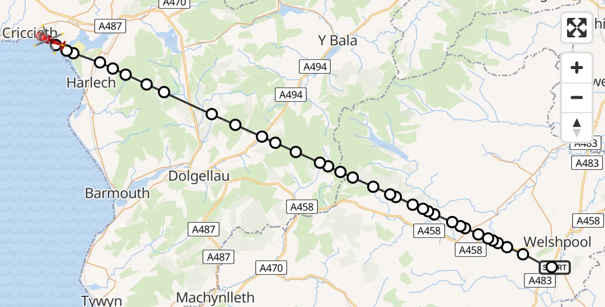 Flight route Air Ambulance Helicopter Welshpool Airport - Morfa Bychan, 25 May 2026, 18:05