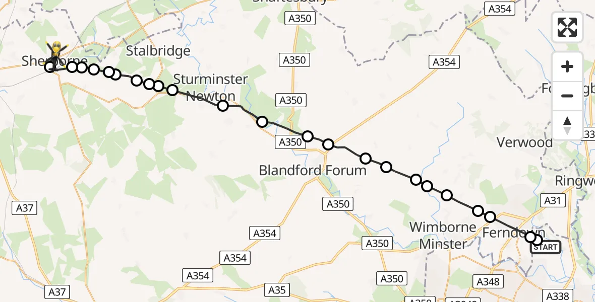 Flight route Police Helicopter Bournemouth Airport - Sherborne, 25 May 2026, 18:06