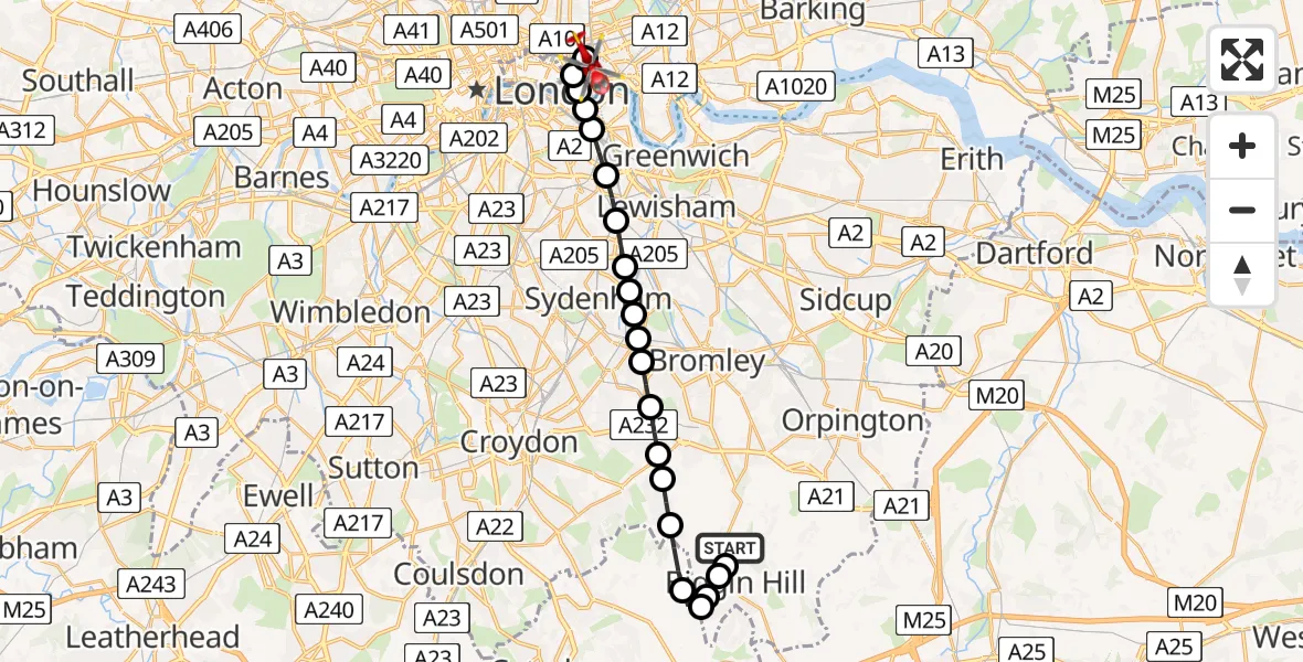 Flight route Air Ambulance Helicopter London Biggin Hill Airport - Royal London Hospital, 25 May 2026, 18:07