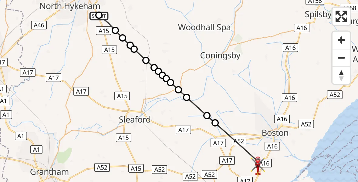 Flight route Air Ambulance Helicopter RAF Waddington - Boston, 25 May 2026, 18:15