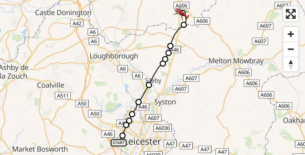 Flight route Air Ambulance Helicopter Kirby Frith - Nottingham Heliport, 25 May 2026, 18:15