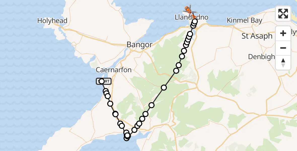 Flight route Coastguard Helicopter Caernarfon Airport - Llandudno, 25 May 2026, 18:16