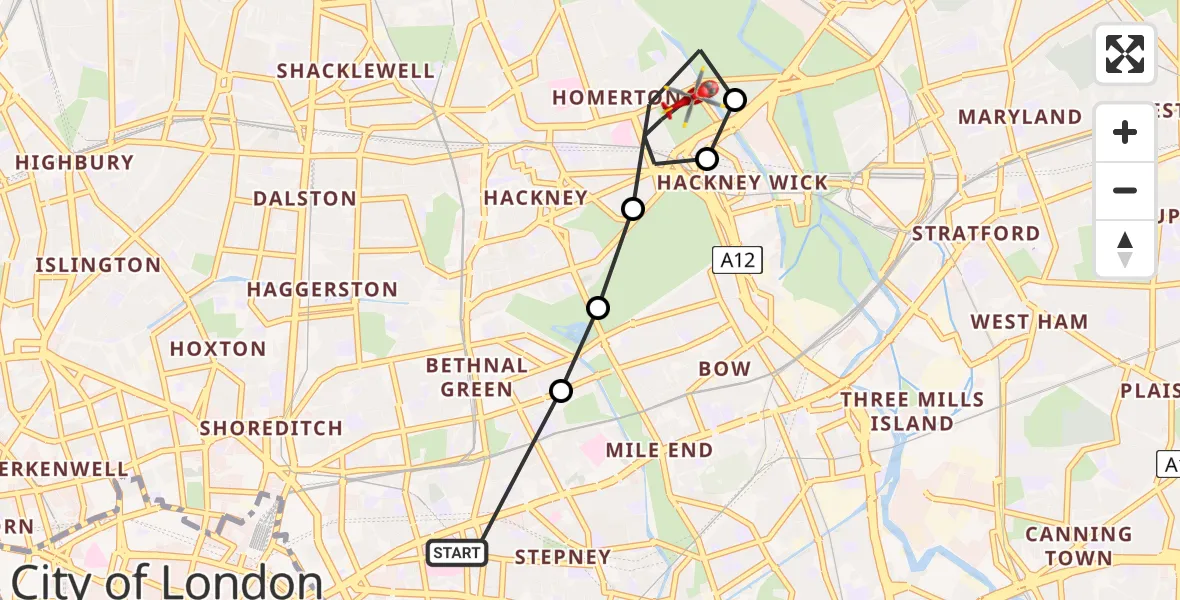 Flight route Air Ambulance Helicopter Royal London Hospital - Homerton, 25 May 2026, 18:20