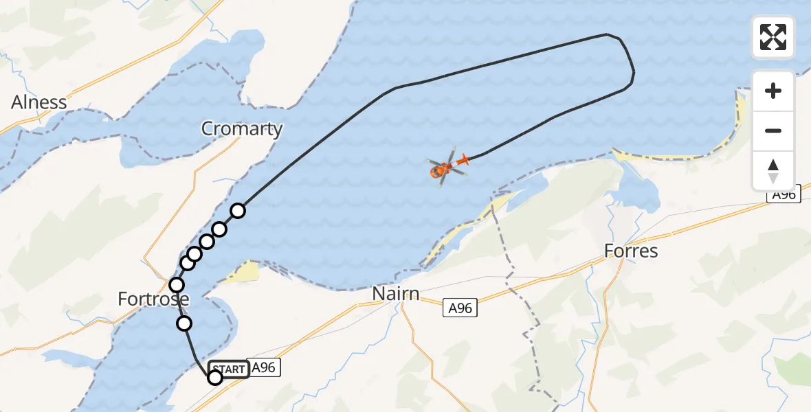 Flight route Coastguard Helicopter Inverness Airport - North Sea, 25 May 2026, 18:22