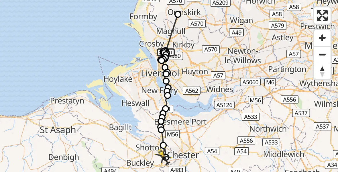 Flight route Police Helicopter Orrell Park - Hawarden Airport, 25 May 2026, 18:25
