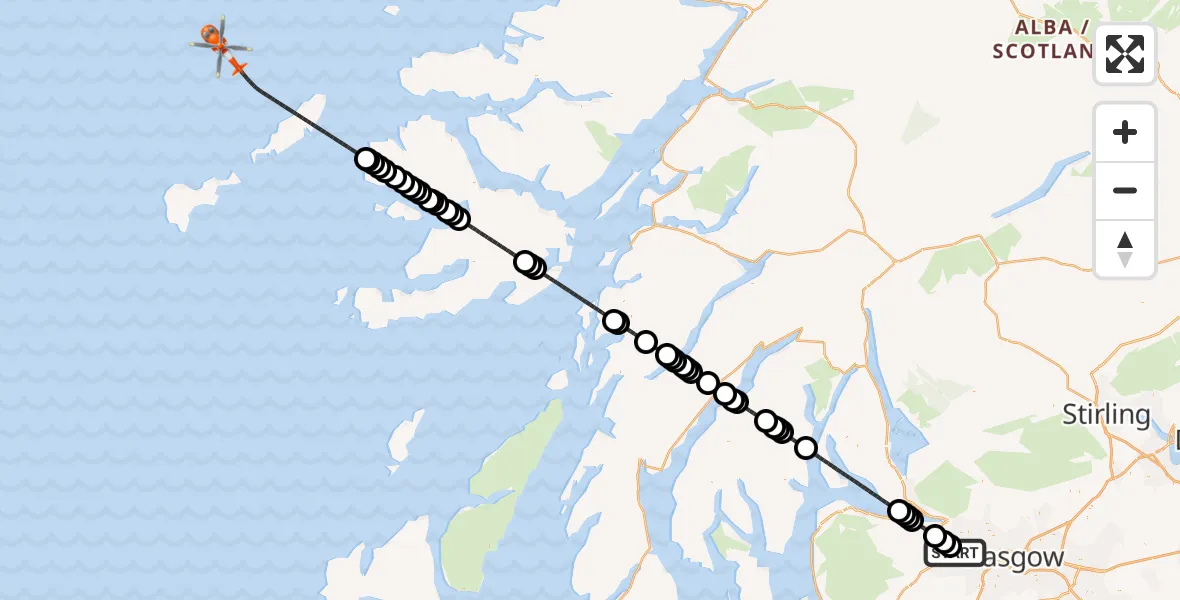 Flight route Coastguard Helicopter Glasgow Airport - Inner Seas, 25 May 2026, 18:25