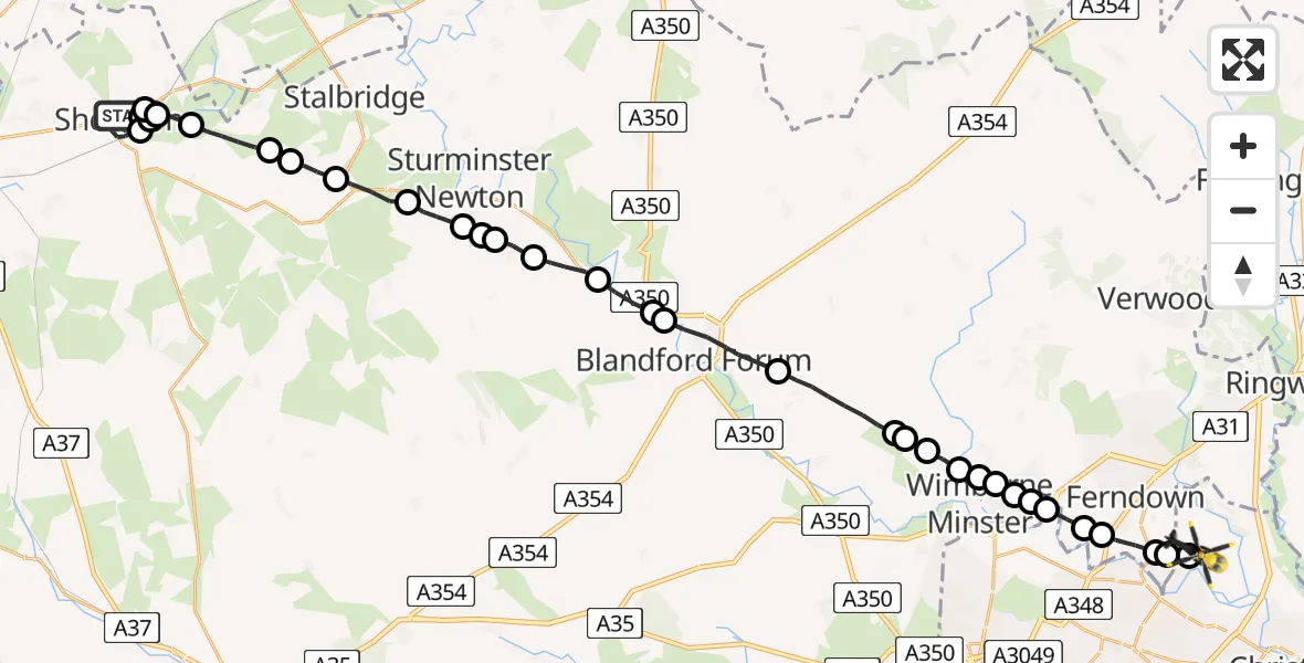 Flight route Police Helicopter Sherborne - Bournemouth Airport, 25 May 2026, 18:25