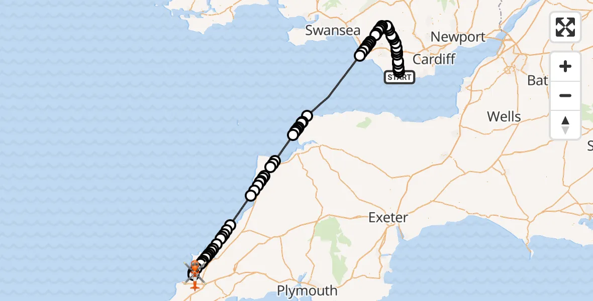 Flight route Coastguard Helicopter MOD St Athan - Cornwall Airport Newquay, 25 May 2026, 18:27