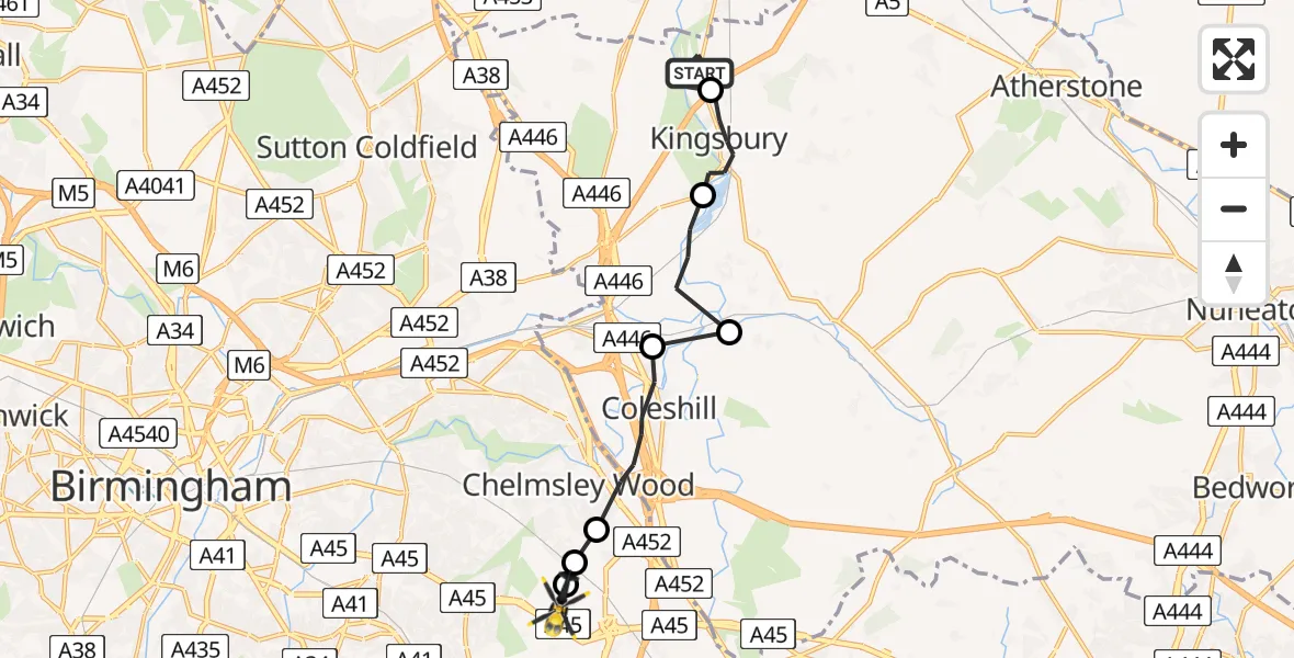 Flight route Police Helicopter Kingsbury - Birmingham Airport, 25 May 2026, 18:37