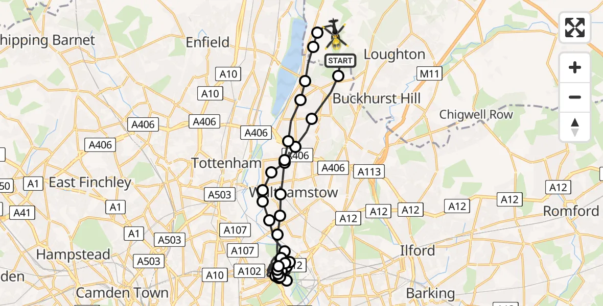 Flight route Police Helicopter Sewardstonebury - Sewardstonebury, 25 May 2026, 18:40
