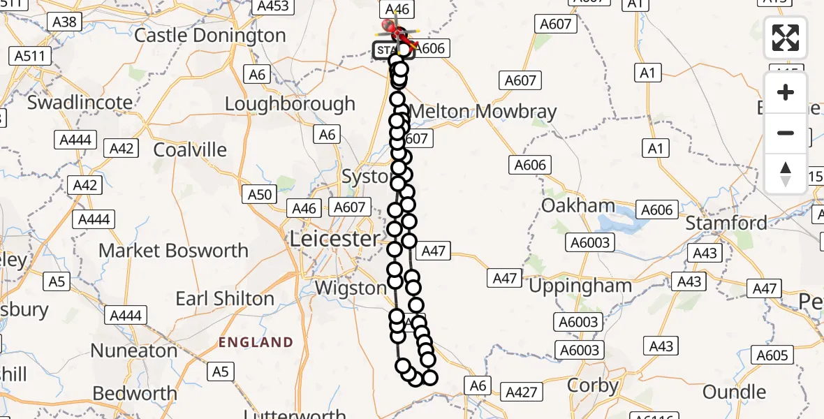 Flight route Air Ambulance Helicopter Rushcliffe - Hickling, 25 May 2026, 18:44
