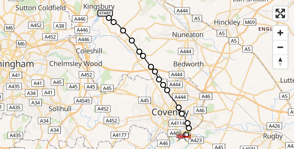Flight route Air Ambulance Helicopter Kingsbury - Coventry Airport, 25 May 2026, 18:48