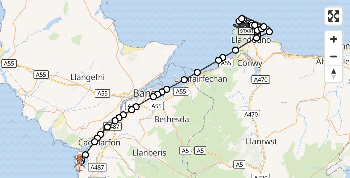 Flight route Coastguard Helicopter Llandudno - Caernarfon Airport, 25 May 2026, 18:49