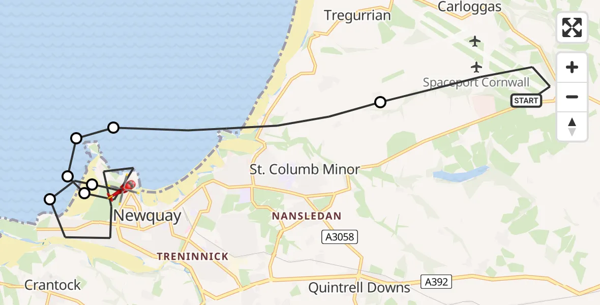 Flight route Air Ambulance Helicopter Cornwall Airport Newquay - Newquay, 25 May 2026, 18:55