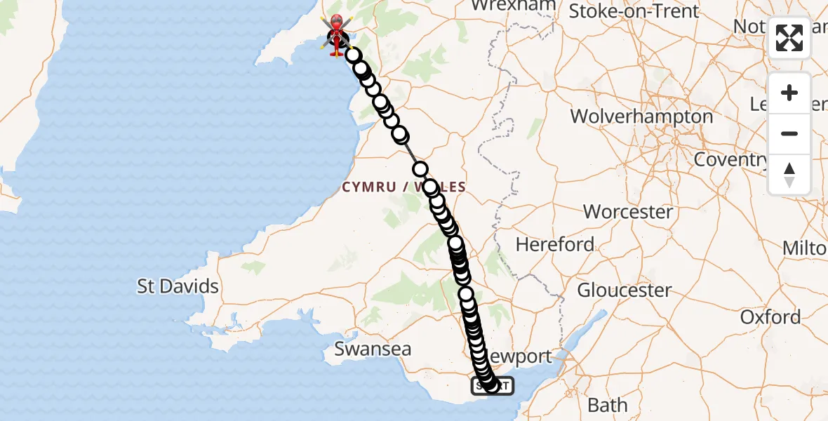 Flight route Air Ambulance Helicopter Cardiff Heliport - Morfa Bychan, 25 May 2026, 18:57