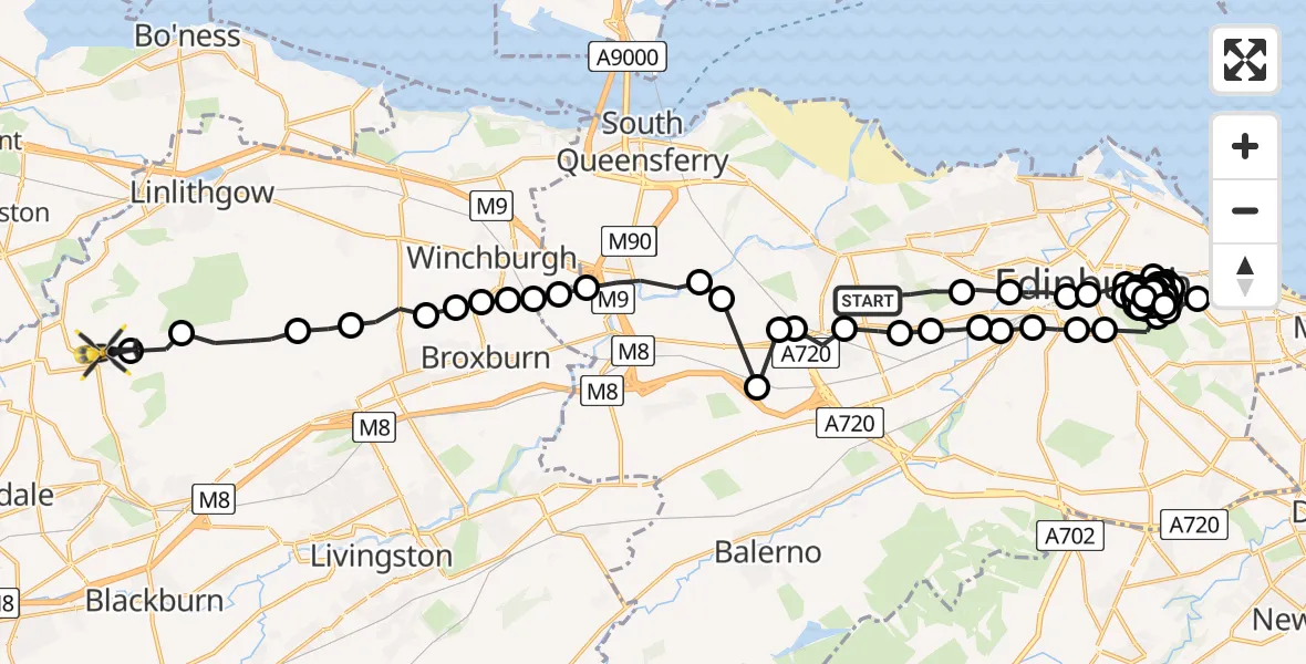 Flight route Police Helicopter Clermiston - Torphichen, 25 May 2026, 18:59