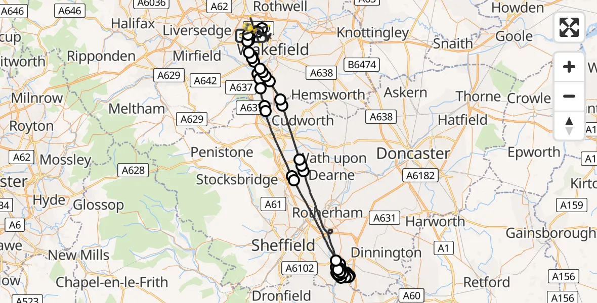 Flight route Police Helicopter East Ardsley - Brandy Carr, 25 May 2026, 19:02