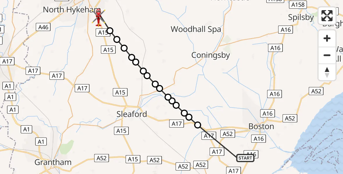 Flight route Air Ambulance Helicopter Boston - North Kesteven, 25 May 2026, 19:04