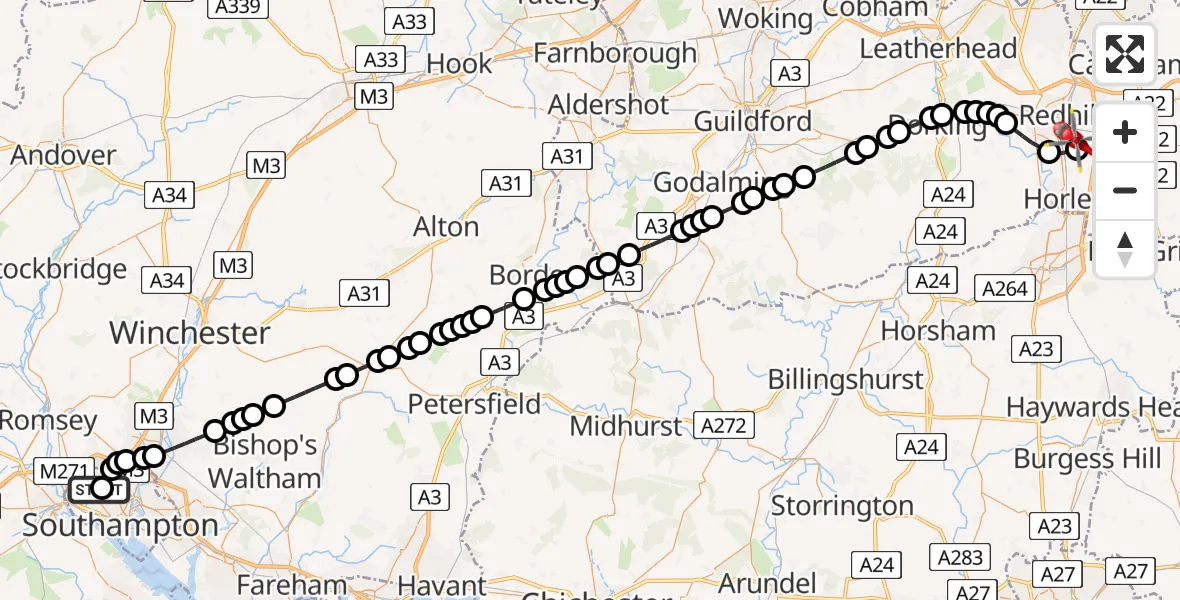 Flight route Air Ambulance Helicopter University Hospital Southampton - Redhill Aerodrome, 25 May 2026, 19:04