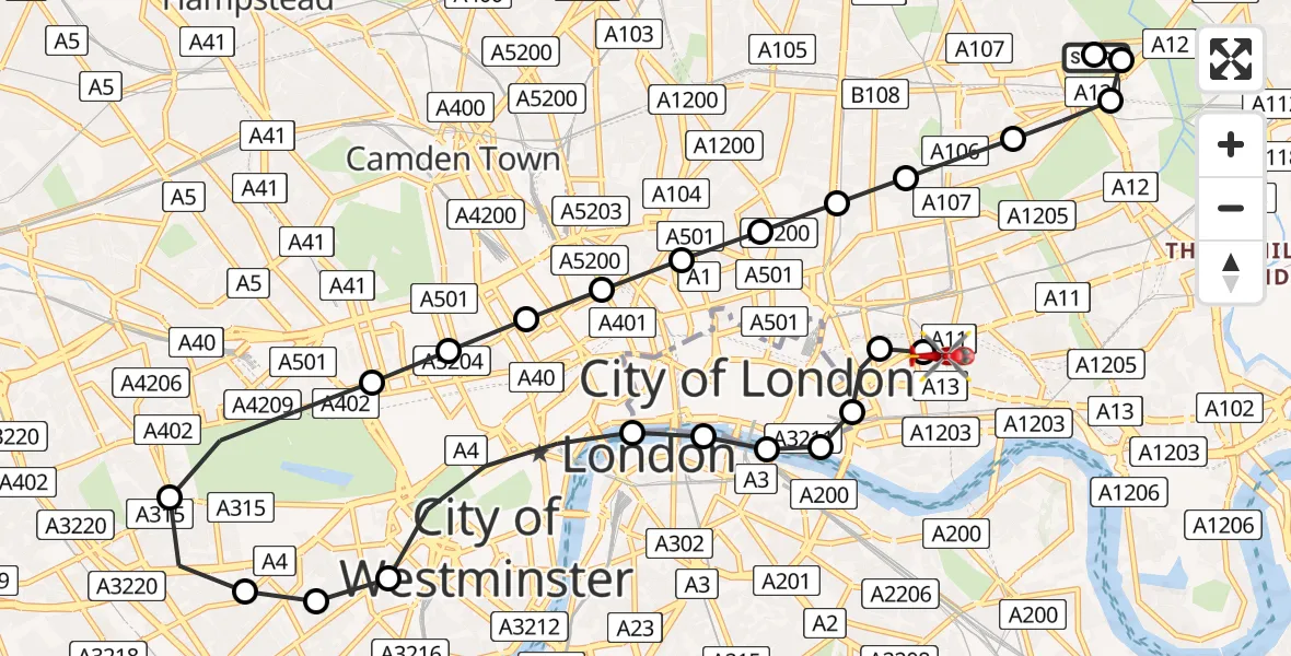 Flight route Air Ambulance Helicopter Hackney Wick - Royal London Hospital, 25 May 2026, 19:08
