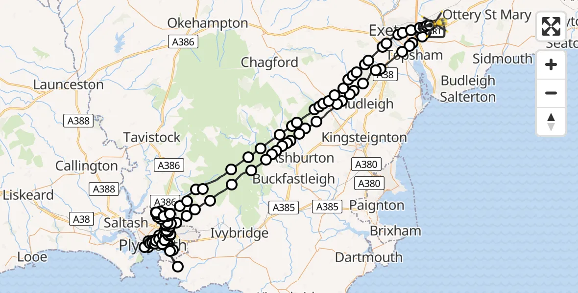 Flight route Police Helicopter Clyst Honiton - Exeter International Airport, 25 May 2026, 19:11